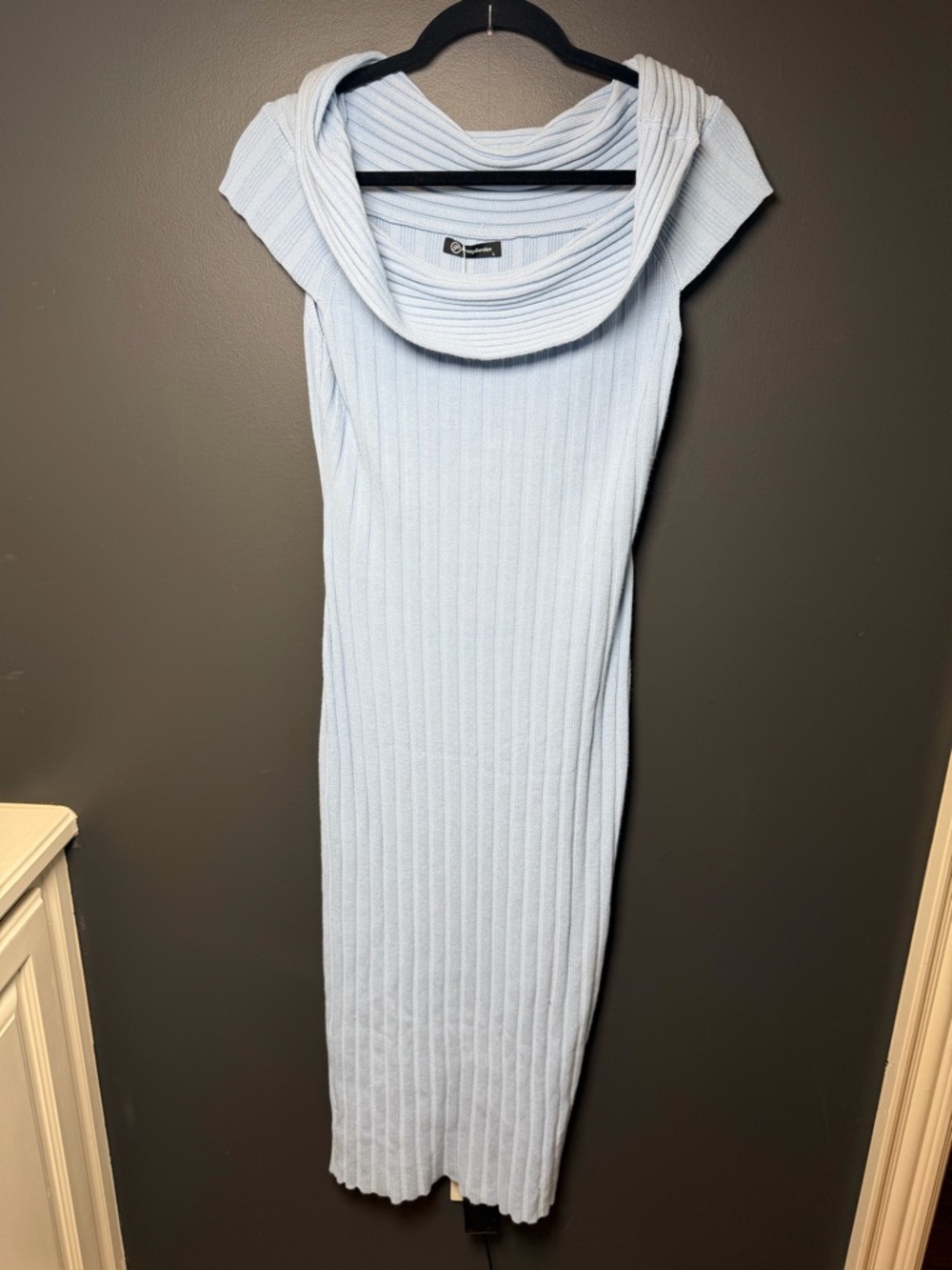 PrettyGarden NWT Light Blue Ribbed Knit Midi Dress Large Off Shoulder Cap Sleeve